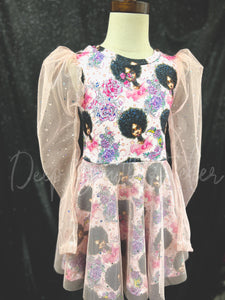 6/7 Afro Floral Puffy Sleeve Dress